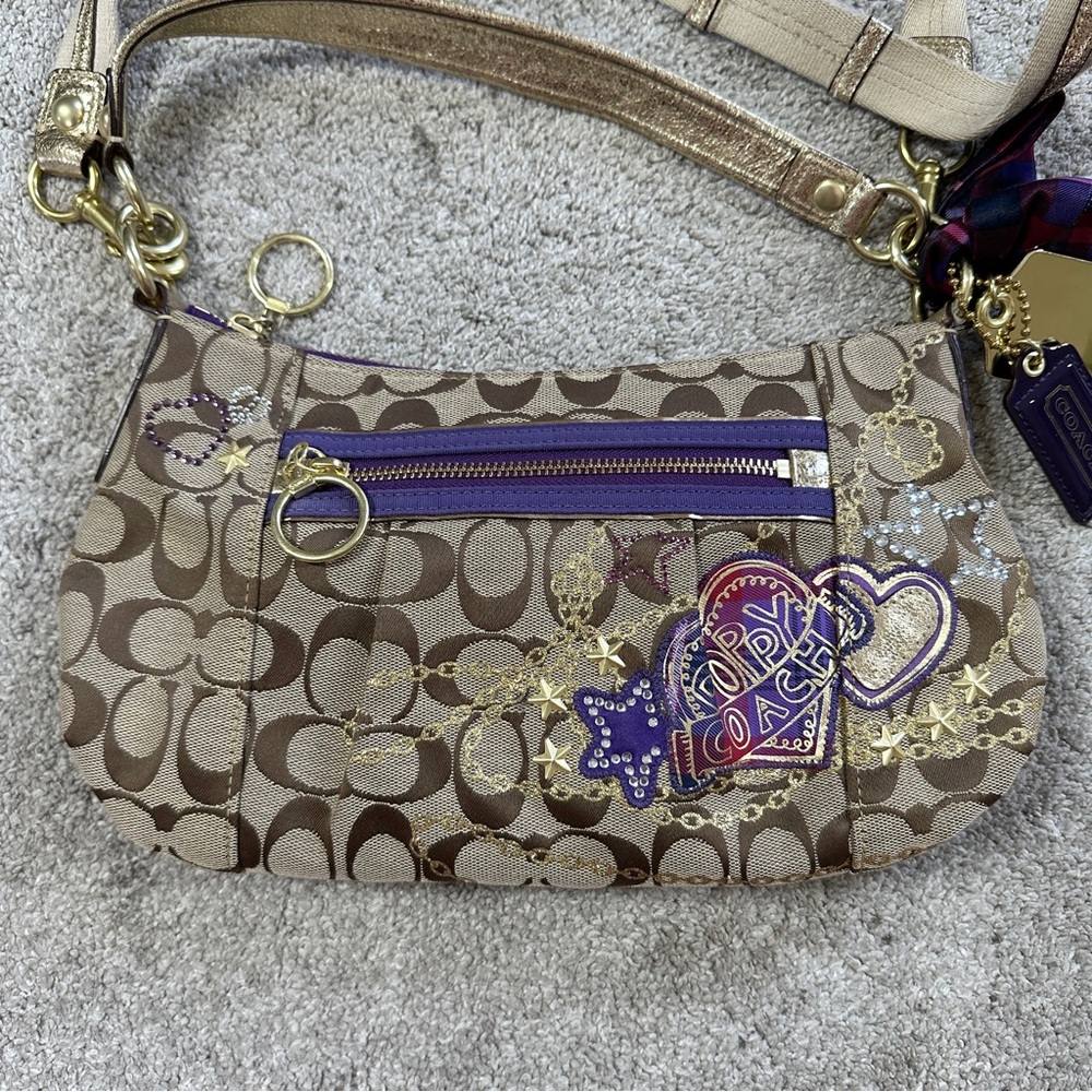 RARE Coach Poppy Tartan Applique Groovy Crossbody Shoulder Bag Brown Monogram - Picture 4 of 16